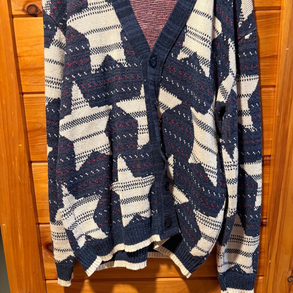 Green 3 Mens XL Star Print Knit Cardigan Sweater Blue White Red Made in USA - Picture 2 of 4